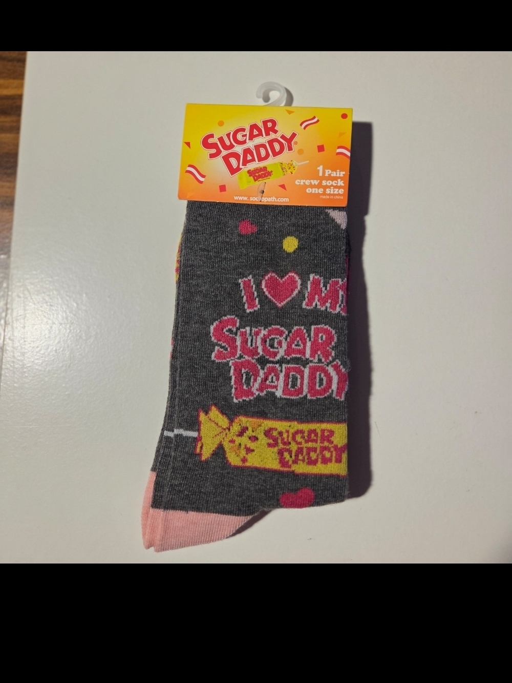 Sugar Daddy Gray Crew Socks with Pink & Yellow Accents